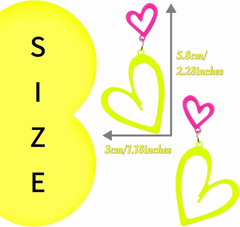 HOLYRY Neon Heart Earrings for Women Acrylic Neon Earrings 80s 90s Outfit for Women Glow Party Accessories Gifts Hot Pink Orange Green Yellow - Image 4
